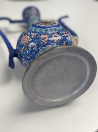 A Chinese Canton blue-ground enamel ewer and cover with floral design, 19th C.