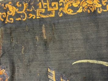Two Chinese embroidered silk panels with antiquities and birds among flowering branches, 19th C.