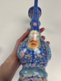 A Chinese Canton blue-ground enamel ewer and cover with floral design, 19th C.
