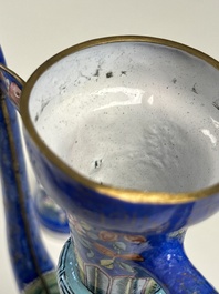 A Chinese Canton blue-ground enamel ewer and cover with floral design, 19th C.