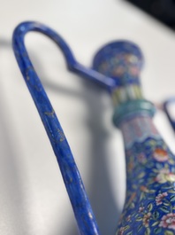 A Chinese Canton blue-ground enamel ewer and cover with floral design, 19th C.