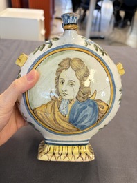 A polychrome Italian maiolica pilgrim bottle with two portrait busts, Castelli, 18th C.