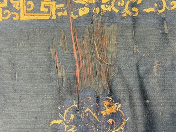 Two Chinese embroidered silk panels with antiquities and birds among flowering branches, 19th C.