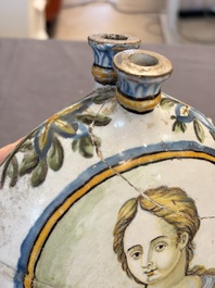 A polychrome Italian maiolica pilgrim bottle with two portrait busts, Castelli, 18th C.