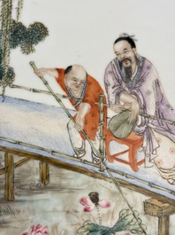 Two Chinese famille rose 'Li Bai 李白' and 'Zhou Dunyi 周敦頤' plaques, one after Wang Dafan 王大凡 and dated 1927, 20th C.