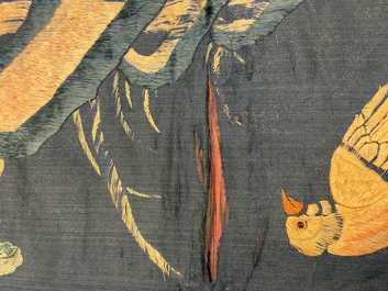 Two Chinese embroidered silk panels with antiquities and birds among flowering branches, 19th C.