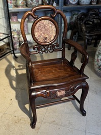 A set of six fine Chinese marble-inset hongmu chairs, 19th C.