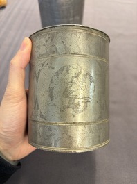 A Chinese enamelled Yixing stoneware teapot, a pewter container, a horn cup, a bamboo brush pot, and an opium pipe, Wan Shun 萬順 mark, 19/20th C.