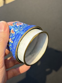 A Chinese Canton blue-ground enamel ewer and cover with floral design, 19th C.