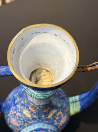 A Chinese Canton blue-ground enamel ewer and cover with floral design, 19th C.
