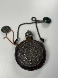 A Tibetan red-coral and malachite-inlaid and silver-mounted 'Ba Ji Xiang' wine bottle, 19th C.