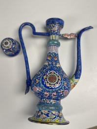 A Chinese Canton blue-ground enamel ewer and cover with floral design, 19th C.