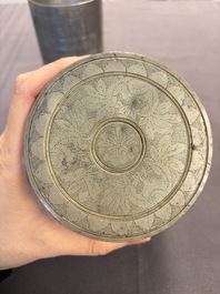 A Chinese enamelled Yixing stoneware teapot, a pewter container, a horn cup, a bamboo brush pot, and an opium pipe, Wan Shun 萬順 mark, 19/20th C.