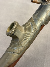 A Chinese enamelled Yixing stoneware teapot, a pewter container, a horn cup, a bamboo brush pot, and an opium pipe, Wan Shun 萬順 mark, 19/20th C.