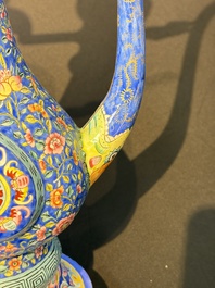A Chinese Canton blue-ground enamel ewer and cover with floral design, 19th C.