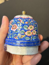 A Chinese Canton blue-ground enamel ewer and cover with floral design, 19th C.
