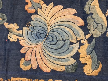 Two Chinese embroidered silk panels with antiquities and birds among flowering branches, 19th C.