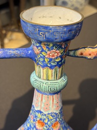 A Chinese Canton blue-ground enamel ewer and cover with floral design, 19th C.