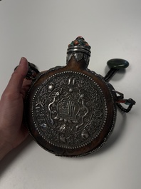 A Tibetan red-coral and malachite-inlaid and silver-mounted 'Ba Ji Xiang' wine bottle, 19th C.