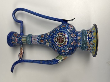A Chinese Canton blue-ground enamel ewer and cover with floral design, 19th C.