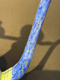 A Chinese Canton blue-ground enamel ewer and cover with floral design, 19th C.