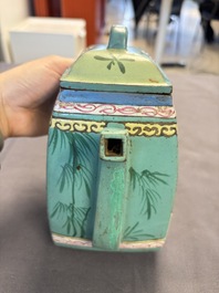 Two Chinese enamelled Yixing stoneware teapots, 19th C.
