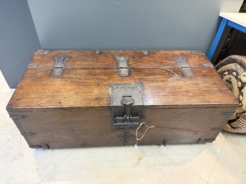 A Korean wrought-iron mounted wooden coin chest (Ton-Kwe), Joseon, 18/19th C.