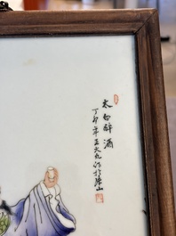 Two Chinese famille rose 'Li Bai 李白' and 'Zhou Dunyi 周敦頤' plaques, one after Wang Dafan 王大凡 and dated 1927, 20th C.