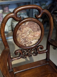 A set of six fine Chinese marble-inset hongmu chairs, 19th C.