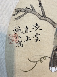 Two Chinese silk paintings with birds on blossoming branches, signed Shi Ren 施仁, dated 1898