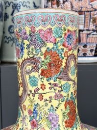 A Chinese famille rose yellow-ground 'Tianqiu Ping' vase with dragons and flowers, 20th C.