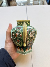 Three famille verte-style and verte biscuit-style teapots, a wine pot and a model of Dongfang Shuo, Samson, Paris, Ding mark, 19th C.