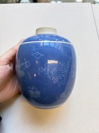 A Chinese blue-glazed 'Antiquities' jar with incised design, Kangxi