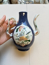 Three famille verte-style and verte biscuit-style teapots, a wine pot and a model of Dongfang Shuo, Samson, Paris, Ding mark, 19th C.