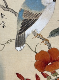Two Chinese silk paintings with birds on blossoming branches, signed Shi Ren 施仁, dated 1898