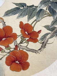 Two Chinese silk paintings with birds on blossoming branches, signed Shi Ren 施仁, dated 1898