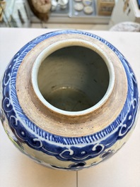 A Chinese blue and white covered jar and two polychrome-decorated jarlets with wooden covers, 18/19th C.