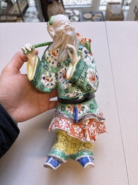 Three famille verte-style and verte biscuit-style teapots, a wine pot and a model of Dongfang Shuo, Samson, Paris, Ding mark, 19th C.