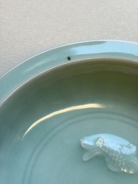 A pair of Chinese white-glazed 'Hu' vases and a Longquan celadon 'Twin Fish' plate, 20th C.