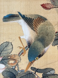 Two Chinese silk paintings with birds on blossoming branches, signed Shi Ren 施仁, dated 1898