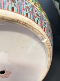 A Chinese famille rose yellow-ground 'Tianqiu Ping' vase with dragons and flowers, 20th C.