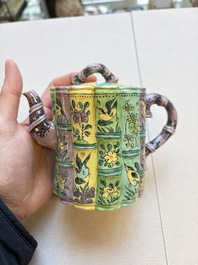 Three famille verte-style and verte biscuit-style teapots, a wine pot and a model of Dongfang Shuo, Samson, Paris, Ding mark, 19th C.