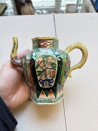 Three famille verte-style and verte biscuit-style teapots, a wine pot and a model of Dongfang Shuo, Samson, Paris, Ding mark, 19th C.