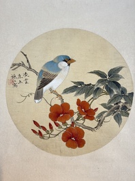 Two Chinese silk paintings with birds on blossoming branches, signed Shi Ren 施仁, dated 1898