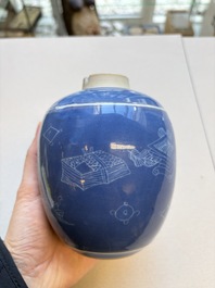 A Chinese blue-glazed 'Antiquities' jar with incised design, Kangxi