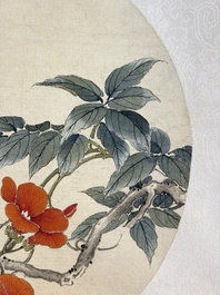 Two Chinese silk paintings with birds on blossoming branches, signed Shi Ren 施仁, dated 1898