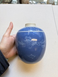 A Chinese blue-glazed 'Antiquities' jar with incised design, Kangxi