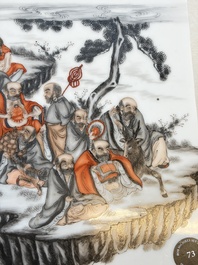 A Chinese grisaille and iron-red decorated '18 Luohan' plaque, Qianlong mark, 20th C.
