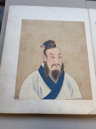 A brocade-bound album of portraits of Chinese emperors, accompanied by biographical texts, 18th C.