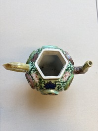 Three famille verte-style and verte biscuit-style teapots, a wine pot and a model of Dongfang Shuo, Samson, Paris, Ding mark, 19th C.